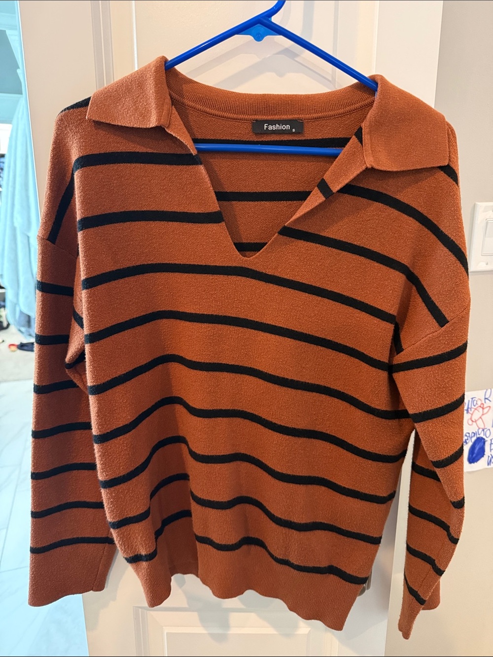 Brown & black Striped V-Neck Knit Sweater with Collar